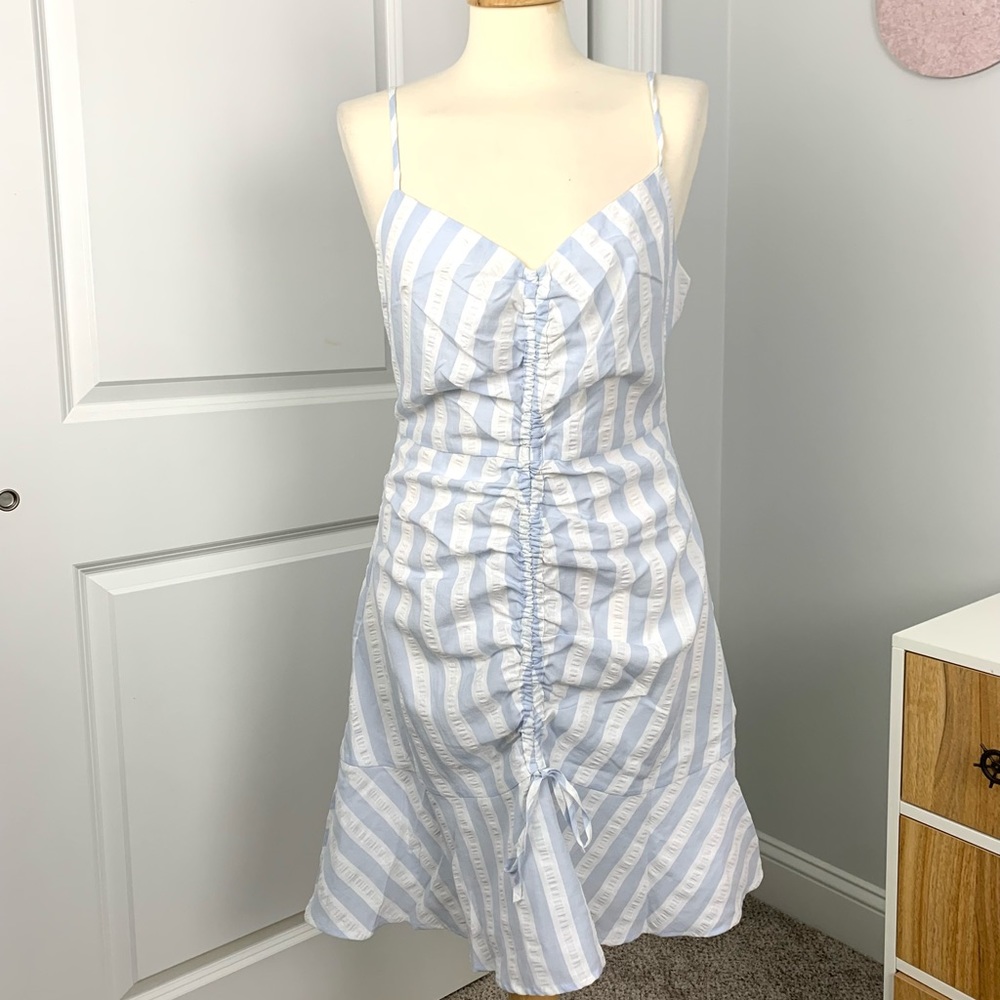 NWT cupcakes and cashmere womens size 10 blue white striped front ruching dress